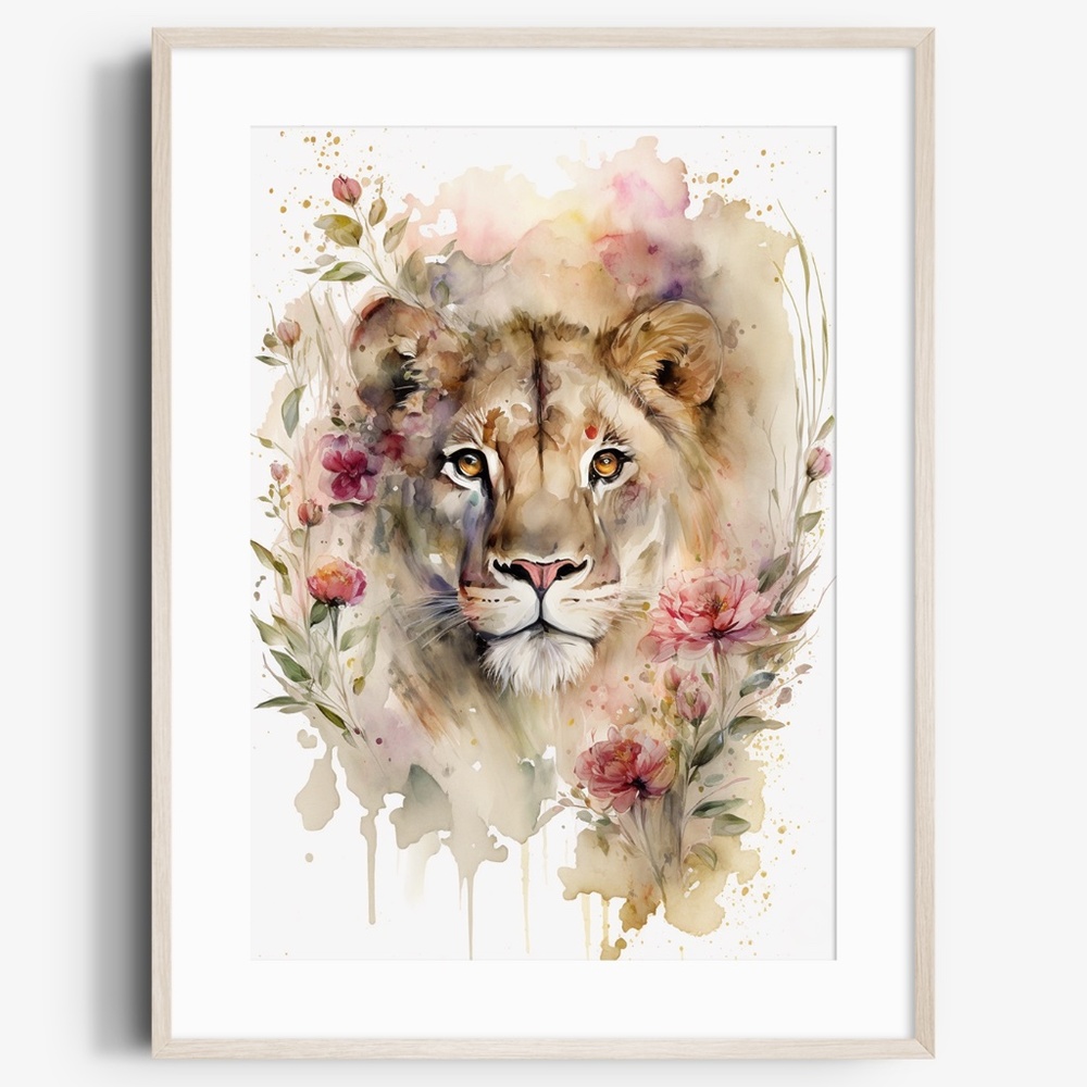 Cute Floral Lioness Watercolor Wall Art Illustration Print Poster Card Unframed